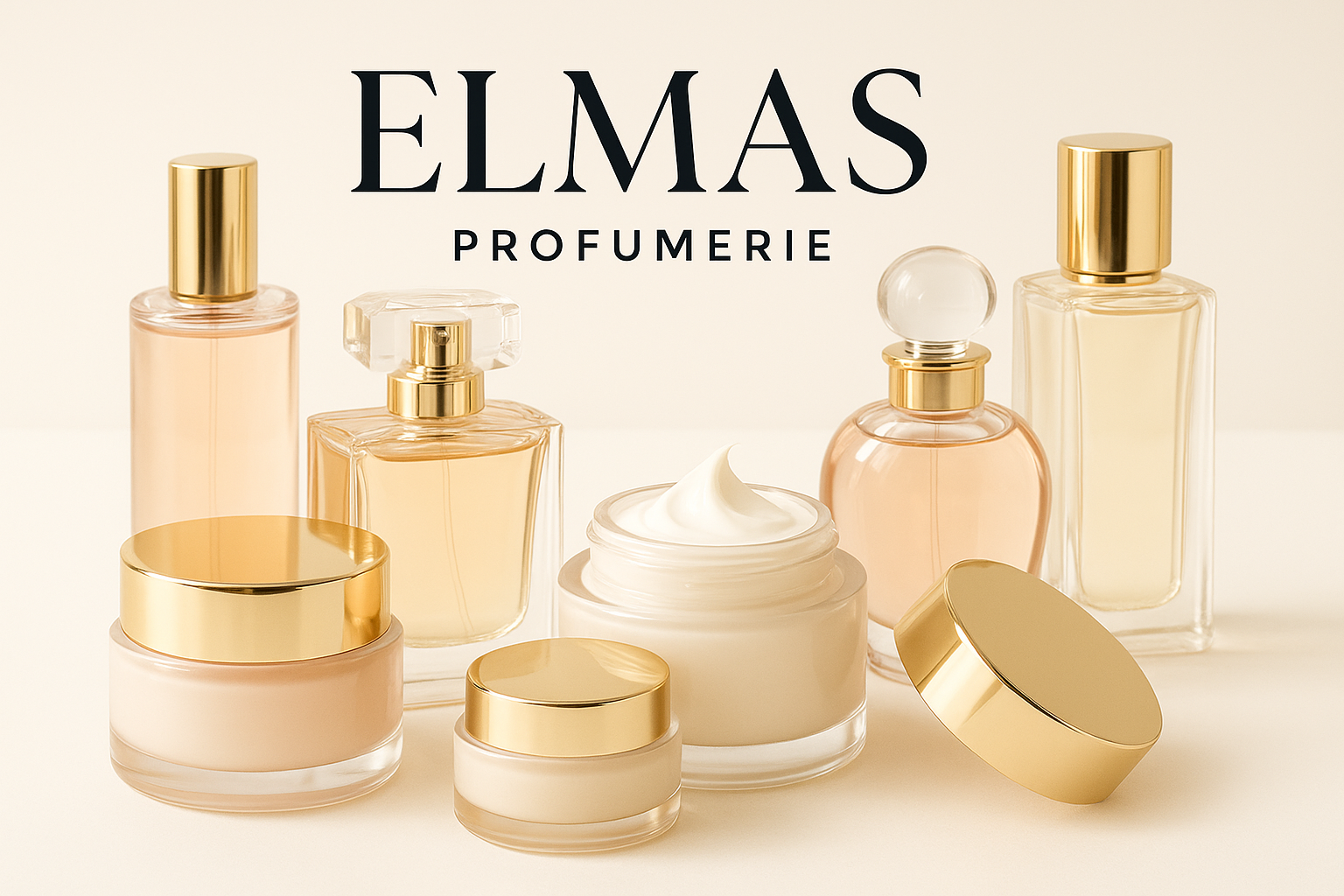 crea un immagine di creme e profumi con scritta elmas profumerie simpatica pulita coinvolgente 